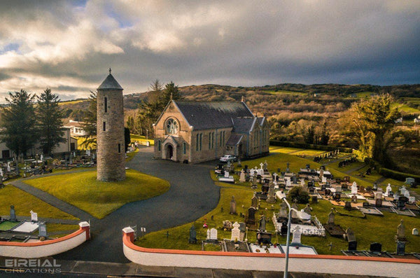 The Church of Saints Joseph and Conal, with round tower, Bruckless, Donegal. - Digital Download. - Eireial Creations - Drone Operator - Aerial Photography Ireland